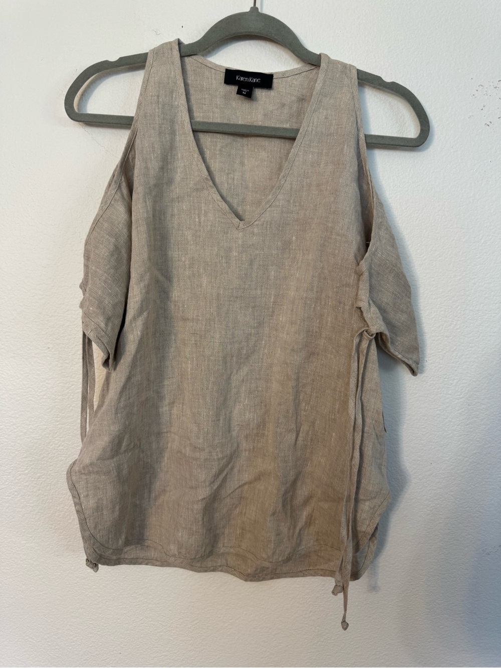 Karen Kane Natural Beige Linen Cold-Shoulder V-Neck Tunic